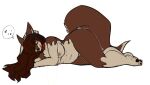  accessory anthro breasts brown_body brown_hair canid canine collar eyes_closed female hair hand_on_head headband long_hair lying mammal multicolored_body nipples nude on_side pawpads simple_background sleeping solo sound_effects text two_tone_body unknown_artist white_background zzz 