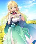  1girl :d absurdres bandaged_arm bandages bare_shoulders blonde_hair blue_sky breasts cloud commentary_request day elf field flower flower_field gradient_hair green_eyes green_hair green_skirt hands_up highres kisaragi_yuri long_hair medium_breasts mountain multicolored_hair outdoors pointy_ears revision saohime_yue shirt single_wrist_cuff skirt sky sleeveless sleeveless_shirt smile solo streaked_hair very_long_hair virtual_youtuber wactor_production white_shirt wrist_cuffs yellow_flower 