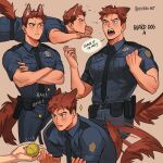  1boy animal_ears artist_name ball bara belt blush brown_eyes dog_ears dog_tail etceteraart fangs highres lying male_focus muscular muscular_male necktie original pectorals police police_uniform policeman red_hair solo sparkle speech_bubble tail tail_wagging tennis_ball text_focus uniform 