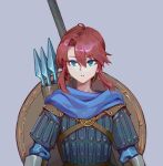  1girl armor axe bangs beard blue_eyes blue_scarf facial_hair gauntlets gongxiao_zao grey_background long_hair mount_&amp;_blade multiple_boys open_mouth polearm red_hair scarf shield simple_background solo spear viking warrior weapon 
