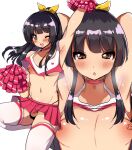  1boy :o ;d absurdres areolae arm_up armpits arms_up bangs blush bow breasts brown_hair cheerleader cosplay cosplay_request crop_top flaccid hair_bow high_ponytail highres long_hair looking_at_viewer male_focus miniskirt multiple_views nipples odaosamu one_eye_closed original otoko_no_ko penis pink_skirt pom_pom_(cheerleading) sidelocks skirt small_breasts smile solo testicles thighhighs white_legwear 