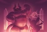  2015 biped bulge clothing demon detailed_background greenendorf horn humanoid_hands jockstrap magic magic_staff male musclegut overweight overweight_male solo_focus underwear 