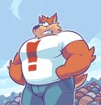  2016 anthro biped black_nose bottomwear bubsy bubsy_(series) clothing detailed_background exclamation_point felid feline greenendorf humanoid_hands lynx male mammal musclegut outside pants shirt solo topwear video_games 