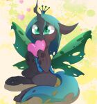  &lt;3 absurd_res arthropod black_body blush changeling crown eyelashes fangs female feral friendship_is_magic green_eyes green_hair green_tail hair hasbro hi_res holding_object long_hair long_tail my_little_pony notched_wings queen_chrysalis_(mlp) sitting smile solo wings zokkili 