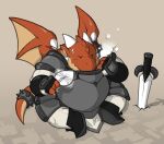  2008 anthro armor biped dot_eyes dragon greenendorf humanoid_hands melee_weapon overweight red_body sitting solo sword weapon wings 