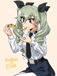  1girl anchovy_(girls_und_panzer) anzio_school_uniform bangs beige_background belt black_belt black_neckwear black_ribbon black_skirt closed_mouth commentary_request dress_shirt drill_hair eating eighth_note emblem eyebrows_visible_through_hair food girls_und_panzer green_hair hair_ribbon holding holding_food long_hair long_sleeves miniskirt musical_note necktie oosaka_kanagawa outline pantyhose partial_commentary pizza pizza_slice pleated_skirt red_eyes ribbon school_uniform shirt simple_background sitting skirt smile solo spoken_musical_note translated twin_drills twintails white_legwear white_outline white_shirt wing_collar 