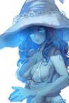  1girl blue_eyes blue_hair blue_skin blue_theme bow_(bhp) breasts cleavage closed_mouth colored_skin elden_ring extra_arms hat large_breasts long_hair looking_at_viewer one_eye_closed own_hands_together ranni_the_witch revision simple_background solo upper_body white_background witch_hat 
