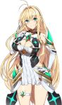  1girl bangs bare_legs bare_shoulders blonde_hair breasts character_request chest_jewel cleavage cleavage_cutout clothing_cutout copyright_request cosplay dress elbow_gloves gloves highres large_breasts long_hair mythra_(xenoblade) mythra_(xenoblade)_(cosplay) short_dress swept_bangs thigh_strap very_long_hair white_dress white_gloves xenoblade_chronicles_(series) xenoblade_chronicles_2 yappen yellow_eyes 