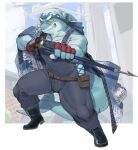  anthro bandanna biceps boots clothing fish footwear harpoon harpoon_gun hi_res isaribi kerchief kzy_r9877 lifewonders live-a-hero male marine melee_weapon muscular muscular_anthro muscular_male overalls pecs polearm scar shark solo spear video_games weapon yellow_eyes 