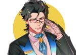  1boy artist_name bangs black_hair black_jacket blue_necktie closed_mouth collared_shirt diarmuid_ua_duibhne_(saber)_(fate) diarmuid_ua_duibhne_(saber)_(festival_outfit)_(fate) fate/grand_order fate_(series) formal glasses gloves hair_between_eyes hand_up jacket kakukakuq light_smile looking_at_viewer male_focus medium_hair mole mole_under_eye necktie official_alternate_costume shirt simple_background smile solo upper_body white_background white_gloves white_shirt yellow_eyes 