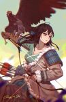  1girl arrow_(projectile) bangs bird bow_(weapon) brown_eyes brown_gloves brown_hair closed_mouth falcon gloves gongxiao_zao green_sky highres horse horseback_archery long_hair mongolian_clothes original outdoors single_glove solo warrior weapon 