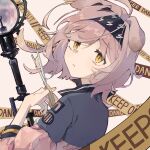  1girl ahoge animal_ears arknights bangs brown_eyes cat_ears caution_tape closed_mouth commentary_request eyebrows_visible_through_hair from_behind goldenglow_(arknights) hand_up highres holding jacket keep_out lightning_bolt_symbol long_sleeves looking_at_viewer looking_back nachtschatten670 pink_background pink_hair pink_jacket puffy_long_sleeves puffy_sleeves scissors simple_background solo staff 