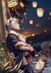  1boy animal_ears artist_name belt crossed_arms facial_hair furry furry_male jacket lantern lantern_festival male_focus ninomiya_reisui_(chieh_ren) original pants paper_lantern plant shirt sky_lantern smile solo sunset tail text_focus tiger_ears tiger_tail white_hair 