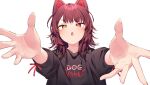  1girl alternate_costume animal_ears black_shirt blush brown_hair clothes_writing commentary dog_ears eyebrows_visible_through_hair heterochromia inui_toko looking_at_viewer medium_hair nijisanji open_hands open_mouth outstretched_arms red_eyes shirt simple_background solo sukuna136 t-shirt upper_body v-shaped_eyebrows virtual_youtuber white_background yellow_eyes 