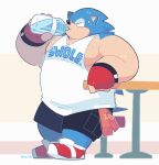  2015 anthro biped black_nose blue_body bodily_fluids bottomwear clothing drinking drinking_water eulipotyphlan eyes_closed greenendorf hedgehog hi_res humanoid_hands male mammal musclegut sega shirt shorts solo sonic_the_hedgehog sonic_the_hedgehog_(series) sweat text text_on_clothing text_on_shirt text_on_topwear topwear water_bottle 