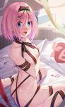  1girl absurdres after_sex ass bangs blue_eyes blush breasts christmas condom cum cum_on_body embarrassed hairband highres large_breasts naked_ribbon open_mouth pink_hair princess_connect! ribbon rumeha_(aormsj22) short_hair solo used_condom yui_(princess_connect!) 