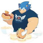  2015 anthro blue_body burger chili_dog clothing eulipotyphlan food greenendorf hedgehog hot_dog humanoid_hands male mammal overweight overweight_male sega shirt solo sonic_the_hedgehog sonic_the_hedgehog_(series) text text_on_clothing text_on_shirt text_on_topwear topwear 