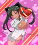  1girl absurdres alternate_breast_size animal_ears bangs black_hair blue_panties blush box breasts cat_ears cat_tail commentary_request cursive english_text fang francesca_lucchini gift gift_box green_eyes half-closed_eyes happy_valentine head_tilt heart heart-shaped_box heart-shaped_pupils heart_background highres holding holding_gift italian_text jacket large_breasts long_hair looking_at_viewer navel no_pants open_clothes open_jacket panties partial_commentary purple_background solo standing strike_witches striped striped_panties symbol-shaped_pupils tail tan twintails twitter_username underwear valentine wanwan_0301 white_jacket world_witches_series 