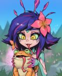  1girl animal blue_hair collarbone colored_skin day flipped_hair flower frog green_skin hair_flower hair_ornament hands_up holding holding_animal league_of_legends long_tongue multicolored_hair neeko_(league_of_legends) open_mouth outdoors phantom_ix_row pink_flower pink_hair solo streaked_hair teeth tongue tongue_out tree yellow_eyes 