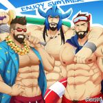  3boys abs alternate_costume arm_hair artist_name bara bare_pectorals beard black_hair blush bracelet brown_hair chest_hair facial_hair gangplank_(league_of_legends) glasses hairy jewelry kaiki_(osuppai) large_pectorals league_of_legends long_hair male_focus male_underwear manly mature_male multiple_boys muscular muscular_male navel navel_hair necklace nipples open_clothes open_shirt pantheon_(league_of_legends) pectorals scarf shirt sideburns smile summer tattoo topless topless_male tryndamere underwear 