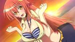  1girl artist_request bangs bare_shoulders beach belt bikini blue_bikini breasts facial_mark game_cg hair_between_eyes hair_ornament lamia large_breasts long_hair midriff miia_(monster_musume) monster_girl monster_musume_no_iru_nichijou monster_musume_no_iru_nichijou_online official_art orange_hair pointy_ears scales skirt slit_pupils striped striped_bikini swimsuit yellow_eyes 