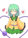  1girl ^_^ ahoge bangs blouse blush buttons closed_eyes closed_mouth collared_blouse diamond_button eyeball eyebrows_visible_through_hair facing_viewer frilled_shirt_collar frilled_sleeves frills green_hair green_skirt heart heart_of_string highres kiseeeei komeiji_koishi long_sleeves medium_hair no_hat no_headwear no_legs shiny shiny_hair simple_background skirt sleeves_past_fingers sleeves_past_wrists smile solo speech_bubble spoken_heart symbol-only_commentary third_eye touhou wavy_hair white_background wide_sleeves yellow_blouse 