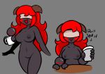  anthro black_body blindfold blood bodily_fluids breasts demon digital_drawing_(artwork) digital_media_(artwork) duo english_text female genitals hair horn lilith_(tboi) milk navel nipples open_mouth pussy red_hair rex_santos standing starbucks text the_binding_of_isaac_(series) video_games 