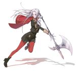  1girl axe cape closed_mouth edelgard_von_hresvelg fire_emblem fire_emblem:_three_houses full_body garreg_mach_monastery_uniform gloves hair_ornament hair_ribbon long_hair looking_at_viewer pantyhose penguyeon purple_eyes red_cape ribbon shorts simple_background solo uniform weapon white_background white_hair 