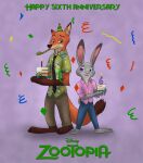  anniversary anthro cake canid canine clothed clothing conditional_dnp dessert disney duo female food fox giftheck hi_res judy_hopps lagomorph leporid male male/female mammal nick_wilde party rabbit red_fox zootopia 