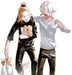  2boys absurdres bag black_eyes blonde_hair chamuring earrings highres holding jewelry kurokawa_izana male_focus multiple_boys pants purple_eyes sano_manjirou shirt shopping_bag short_hair tokyo_revengers white_hair 