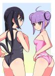  2girls ahoge ass black_hair breasts closed_mouth cougar_(cougar1404) english_commentary k-on! multiple_girls purple_hair short_hair simple_background smile sophie_(tales) tail tales_of_(series) tales_of_graces 