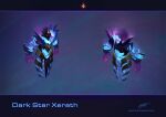  1boy armor character_name claws commentary from_behind glowing league_of_legends magic male_focus multiple_views pink_eyes signature space thorsten_erdt web_address xerath 