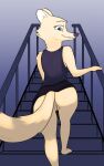  2022 anthro arctic_fox barefoot bottomless butt canid canine clothed clothing digital_media_(artwork) disney feet female fox genitals gradient_background looking_at_viewer looking_back looking_back_at_viewer mammal plantigrade pussy simple_background skye_(zootopia) solo stairs tggeko zootopia 
