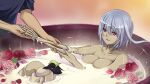  1boy 1girl artist_request bathtub bird blush breasts crow dark-skinned_female dark_skin death_(monster_musume) eyebrows_visible_through_hair flower game_cg holding_another&#039;s_arm large_breasts medium_hair milk_bath monster_musume_no_iru_nichijou monster_musume_no_iru_nichijou_online nude official_art parted_lips red_eyes red_flower red_rose rose silver_hair skeletal_arm towel towel_on_head 