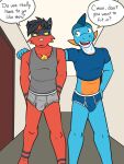  anthro anthrofied arm_around_shoulders briefs bulge clothed clothing crop_top dialogue duo english_text fuze gao_(fuze) hi_res lucas_(fuze) male marshtomp midriff navel nintendo pantsless pok&eacute;mon pok&eacute;mon_(species) pok&eacute;morph shirt tank_top text topwear torracat underwear video_games 