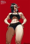  1girl abs breasts ear_piercing fatzhai hands_on_hips heavy_breathing large_breasts midriff muscular muscular_female navel original piercing pointy_ears scar sharp_teeth shorts solo solo_focus teeth tongue tongue_out tongue_piercing underboob 