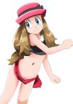  1girl blue_eyes breasts brown_hair closed_mouth groin hainchu hat long_hair low-tied_long_hair navel pokemon pokemon_(anime) serena_(pokemon) simple_background sleeveless smile solo white_background 