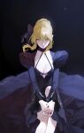  1girl artoria_pendragon_(fate) black_dress blonde_hair breasts cleavage commentary_request dark_persona detached_collar dress fate/grand_order fate/stay_night fate_(series) gothic_lolita hair_bun highres jinwu_(artist) large_breasts lolita_fashion looking_at_viewer pale_skin saber_alter short_hair solo v_arms wide_sleeves yellow_eyes 