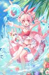  1girl ball bangs beach beachball bunny cup double_bun drinking_glass drinking_straw flower frilled_swimsuit frills highres indie_virtual_youtuber macchoko open_mouth pink_eyes pink_hair ryuhyo_rione solo sunglasses swimsuit virtual_youtuber water water_drop 