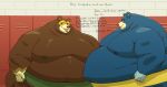  2022 absurd_res animal_crossing anthro belly blue_body brown_body detailed_background duo english_text groucho_(animal_crossing) hi_res humanoid_hands ike_(animal_crossing) locker_room male mammal moobs nintendo nipples obese obese_male overweight overweight_male pearypanda text ursid video_games 