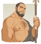 1boy abs bara bare_pectorals beard biceps black_hair chest_hair facial_hair highres holding holding_staff japanese_clothes large_pectorals looking_at_viewer male_focus manly mature_male muscular muscular_male nipples original pectorals priest ryker scar scar_on_arm scar_on_stomach smile staff thick_arms veins 
