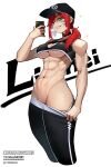  1girl abs breasts choker cleavage_cutout clothes_pull clothing_cutout fatzhai green_eyes hat heavy_breathing highres large_breasts midriff muscular muscular_female navel original pants pants_pull phone ponytail red_hair solo solo_focus tagme underboob 