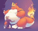  2020 anthro belly big_belly biped bottomwear canid canine charmeleon clothing crown duo greenendorf mammal nintendo obese orange_body overweight pants pok&eacute;mon pok&eacute;mon_(species) shirt size_difference topwear uo video_games 