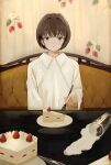  1girl absurdres bangs brown_eyes brown_hair cake cake_slice commentary couch cup drinking_glass food fork hair_intakes highres holding holding_fork indoors looking_at_viewer maoyasumisumi milk original plate shirt short_hair sitting solo spilled_milk table upper_body white_shirt worried 