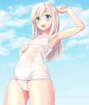  1girl absurdres alternate_skin_color blonde_hair blue_eyes blue_sky breasts cameltoe cloud covered_nipples cowboy_shot day from_below highres kantai_collection long_hair old_school_swimsuit outdoors ro-500_(kancolle) school_swimsuit sky small_breasts solo standing swimsuit takafumi white_swimsuit 