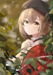  1girl absurdres beret blurry blurry_background braid braided_bangs brown_eyes brown_hair bush depth_of_field feathers fingernails hat highres hololive hololive_english japanese_clothes kimono leaf looking_at_viewer multicolored_hair nanashi_mumei penguin_sensei_(artist) red_shawl solo streaked_hair virtual_youtuber white_kimono wide_sleeves 