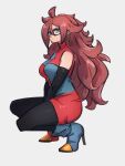  1girl android_21 asymmetrical_footwear blue_footwear breasts checkered_clothes checkered_dress dragon_ball dragon_ball_fighterz dress earrings full_body glasses hoop_earrings jewelry kemachiku long_hair looking_at_viewer medium_breasts mismatched_footwear red_eyes red_footwear red_hair solo squatting 