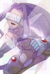  1girl :d bangs bikini boots breasts butterfly_hair_ornament butterfly_wings cleavage clenched_hands commentary_request covered_eyes digimon digimon_(creature) facial_mark fairymon garter_straps gloves grey_gloves hair_ornament hairband highres long_hair looking_at_viewer medium_breasts midriff open_mouth parted_bangs purple_belt purple_bikini purple_footwear purple_hair purple_hairband revealing_clothes shoulder_pads smile solo swimsuit takeda_conomi thigh_boots thighhighs very_long_hair visor white_background wings 