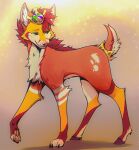 2022 angiewolf canid canine cervid crown deggy feral fox fur gradient_background hybrid looking_back male mammal multicolored_body multicolored_fur simple_background smile solo underpaw walking 
