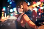  1girl brown_hair holding_hands kaito_(vocaloid) mask master_(vocaloid) mouth_mask night out_of_frame outdoors pointing short_hair smile solo_focus vocaloid yen-mi 